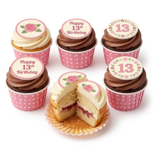 Six cupcakes with white and chocolate frosting, featuring edible rose and custom age toppers in pink.