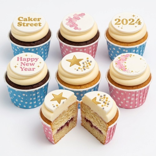 Assortment of New Year cupcakes with 'Happy New Year', '2024', star, and floral toppers.