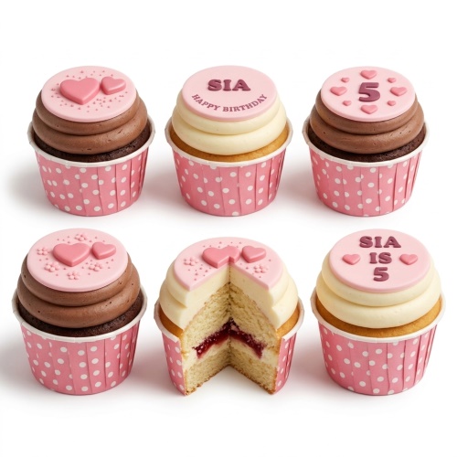Pink and brown cupcakes with heart-shaped fondant toppers and sprinkles, featuring custom age and name examples.