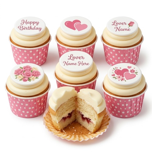 Vanilla cupcakes with white frosting, pink polka dot wrappers, and edible toppers featuring hearts, roses, and custom messages.