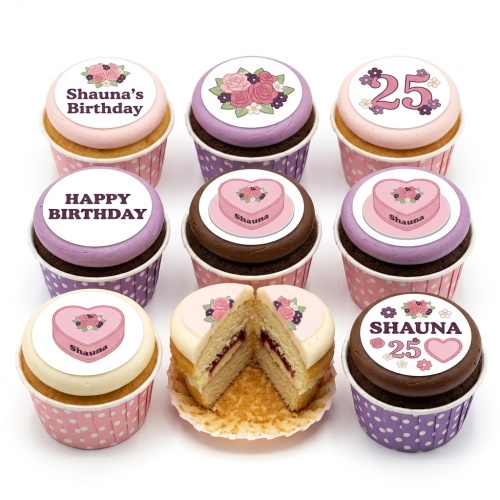 Assortment of floral and heart-themed birthday cupcakes with custom age and personalised name toppers.