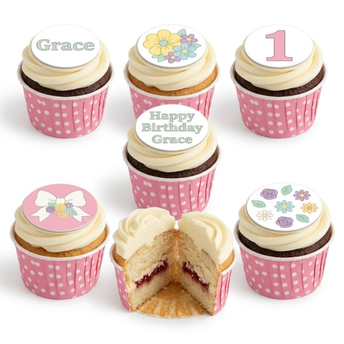 Assortment of vanilla and chocolate cupcakes with white frosting, decorated with floral and bow toppers, and custom age/name options.