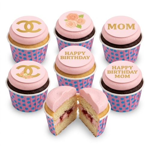 Set of pink frosted cupcakes with gold designer-inspired logo, roses, and 'Happy Birthday Mom' messages in polka dot wrappers.