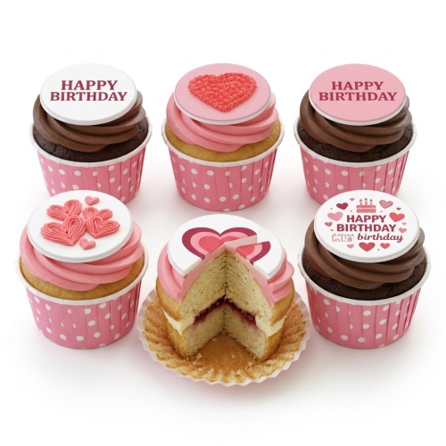 Pink and white cupcakes with heart decorations and "Happy Birthday" toppers.
