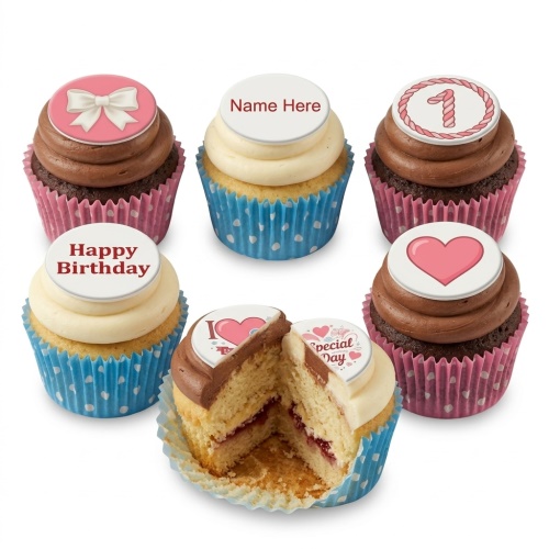 Set of personalised birthday cupcakes with custom toppers including a pink bow, a pink heart, a number 1, 'Happy Birthday', 'Name Here', and 'Special Day' messages.