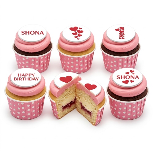 Set of six hearts birthday cupcakes with pink frosting and white toppers, some with red hearts, some with 'Happy Birthday' text, and one with a custom name.