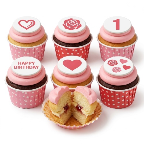 Pink cupcakes with white toppers featuring red hearts, roses, and 'Happy Birthday' message, and a number 1 topper example.