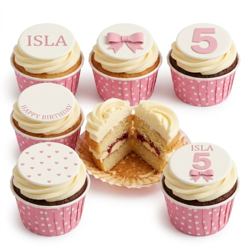 Pink and white birthday cupcakes with bows, hearts, and custom name and age toppers.