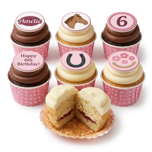 Horse theme birthday cupcakes with horse head, horseshoe, floral, and custom age toppers.