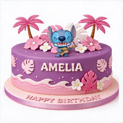 Purple and pink Lilo & Stitch birthday cake with Stitch topper, palm trees, and tropical flowers.