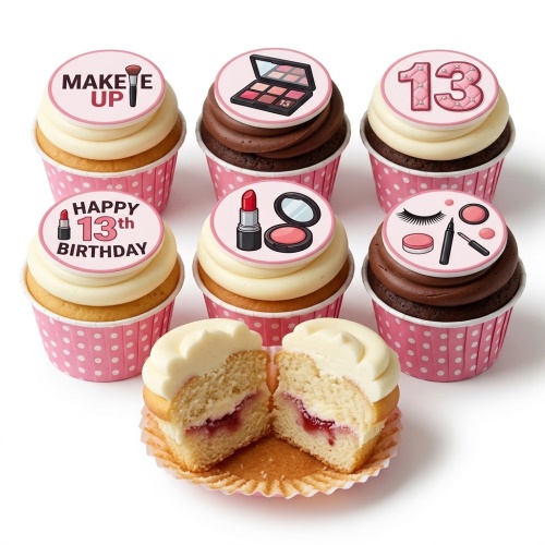 Six cupcakes with makeup theme toppers, including lipstick, eyeshadow, and 'MAKE UP' text. One cupcake is cut open.