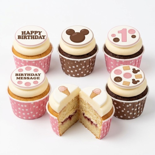 A set of Mickey Mouse themed birthday cupcakes with "Happy Birthday" and "Birthday Message" toppers, and a number 1 topper.