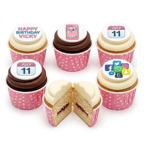 Cupcakes with phone, social media app logos, calendar date, and 'Happy Birthday' toppers.