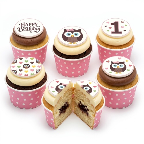 Six owl theme birthday cupcakes with pink polka dot wrappers, some with 'Happy Birthday' and '1' toppers.