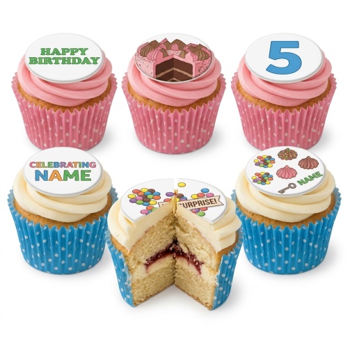 Set of colourful birthday cupcakes with various toppers including 'Happy Birthday', a cake slice, number '5', sweets, and 'Surprise!'.