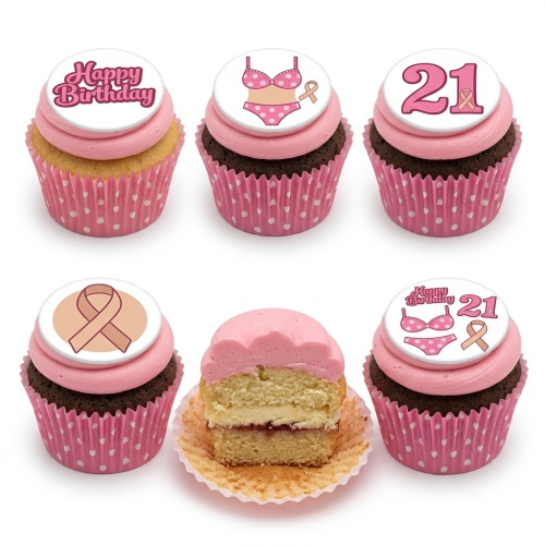 Pink frosted cupcakes with white toppers featuring a lingerie set, an awareness ribbon, 'Happy Birthday' and a custom age.