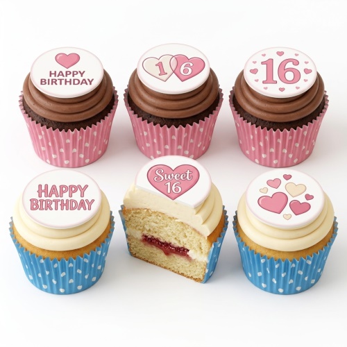 Assortment of heart-themed birthday cupcakes with pink and blue wrappers, some with "Happy Birthday" and "Sweet 16" toppers.