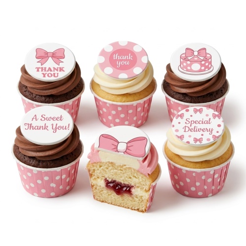 Six cupcakes with pink polka dot wrappers, pink bow and thank you message toppers.