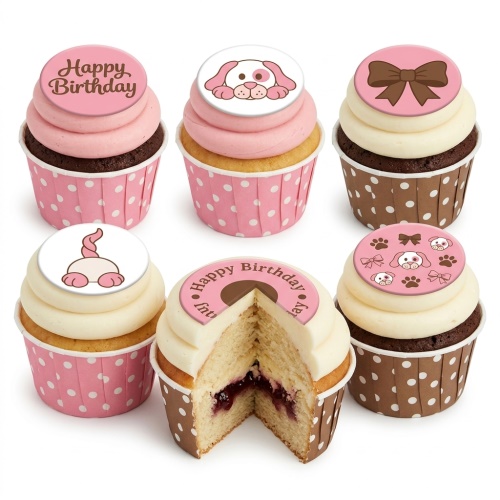 Set of six pink and brown puppy themed birthday cupcakes with bows and paw prints