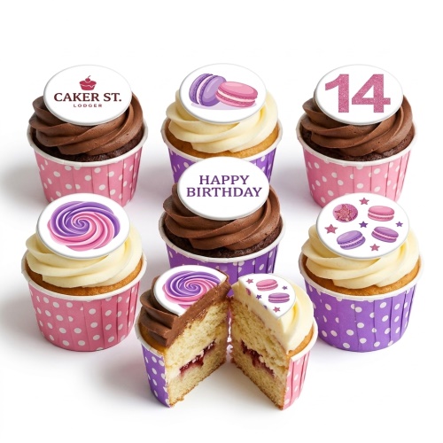 Assortment of pink and purple macarons and swirl birthday cupcakes with custom age topper.