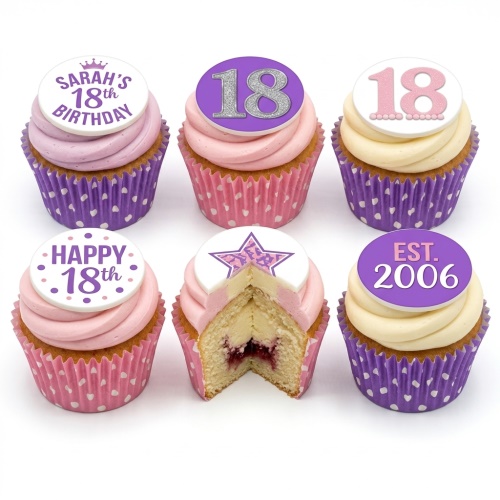 Pink and purple birthday cupcakes with custom age toppers and star decoration.