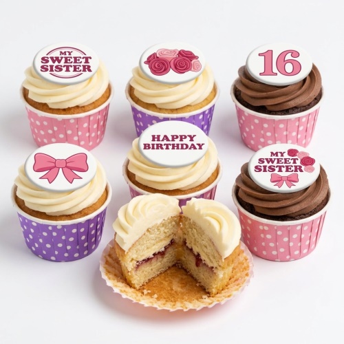 Six cupcakes with white and chocolate frosting, topped with edible discs featuring pink roses, a pink bow, 'Happy Birthday', 'My Sweet Sister', and the number 16.