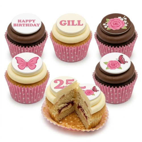 Pink floral and butterfly birthday cupcakes with custom age and message toppers.