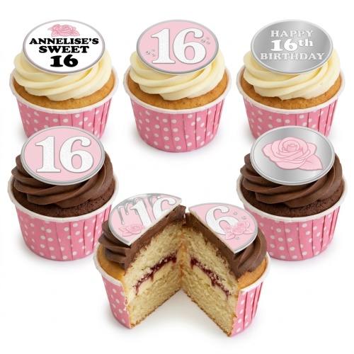 Sweet 16 cupcakes with pink and silver toppers, featuring roses and the number 16.