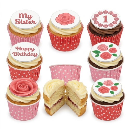 Assortment of floral rose birthday cupcakes with white and chocolate frosting, pink and red polka dot cases, and custom message toppers.
