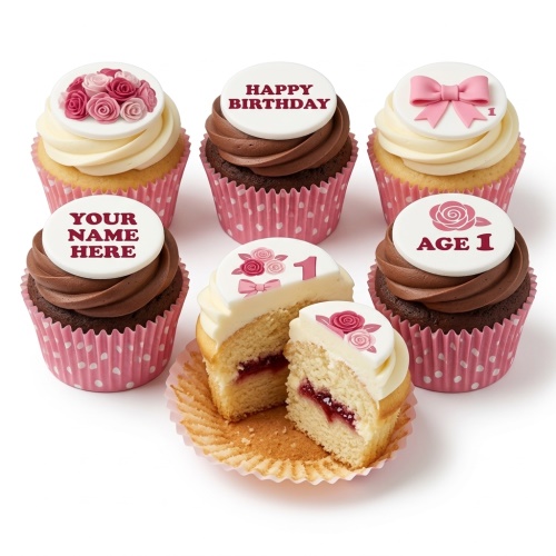 Assortment of floral and bow decorated personalised birthday cupcakes with custom age and name toppers.