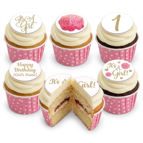 Pink and white "It's A Girl" cupcakes with rose decorations and a custom age topper in pink polka dot cases.