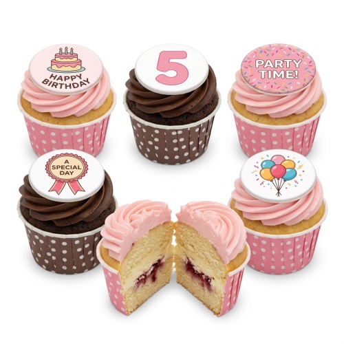 Selection of vanilla and chocolate cupcakes with pink and brown frosting, topped with birthday-themed decorations including a number 5, balloons, and 'Happy Birthday' messages.