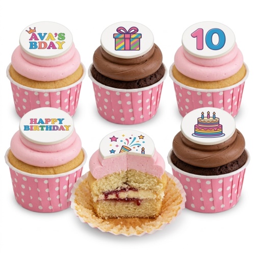 Colourful kids birthday cupcakes with pink and chocolate frosting, topped with gift, cake, party popper, and custom age/message edible decorations.