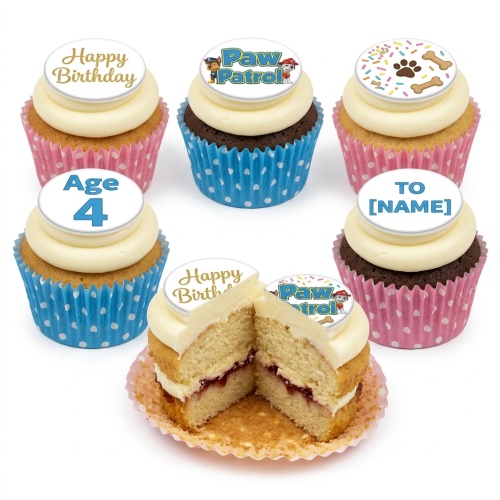 Paw Patrol themed birthday cupcakes with white frosting, custom age, and name toppers.