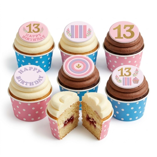 Pastel birthday cupcakes with custom age toppers, floral, and stripe designs in pink, purple, and blue.
