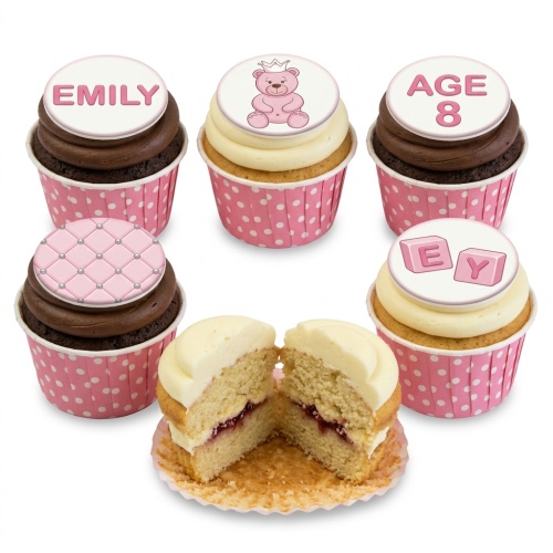 Pink and white teddybear birthday cupcakes for girls with custom name and age toppers.
