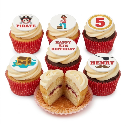 A selection of pirate-themed cupcakes with white frosting and red polka dot wrappers, featuring custom age and pirate character toppers.