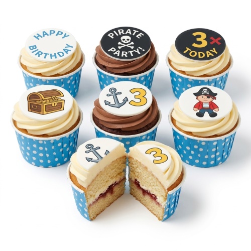 Pirate themed birthday cupcakes with skull, treasure chest, anchor, and pirate character toppers, with custom age.