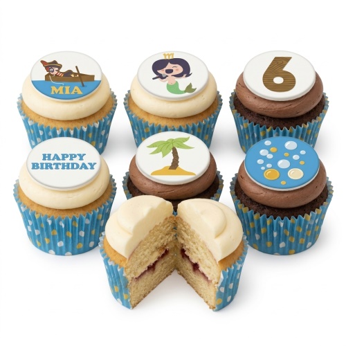Six cupcakes with pirate, mermaid, palm tree, bubbles, 'Happy Birthday', and custom age '6' toppers.