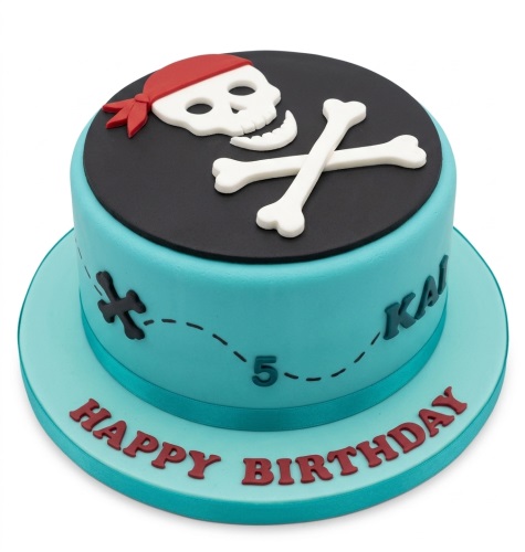 Round teal and black pirate birthday cake with white skull and crossbones, red bandana, custom age, and name.