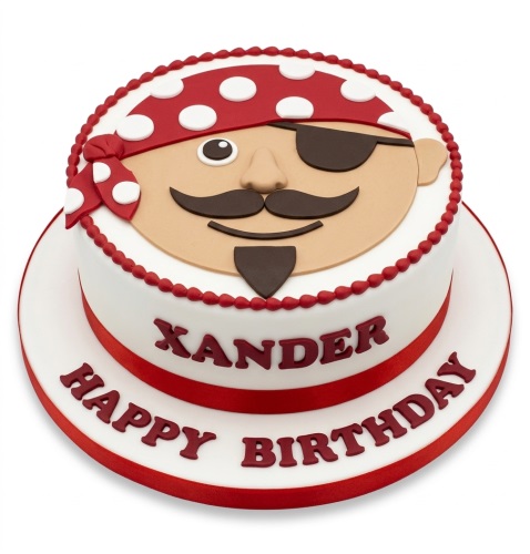 Round white pirate birthday cake with a red bandana, eye patch, moustache, and personalised name and message.