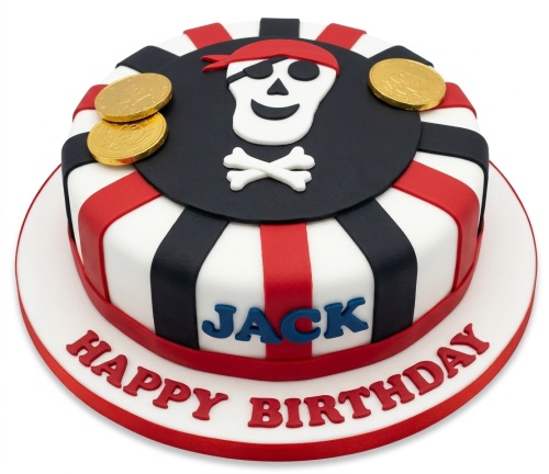 Round pirate theme birthday cake with skull, crossbones, gold coins, and striped design.