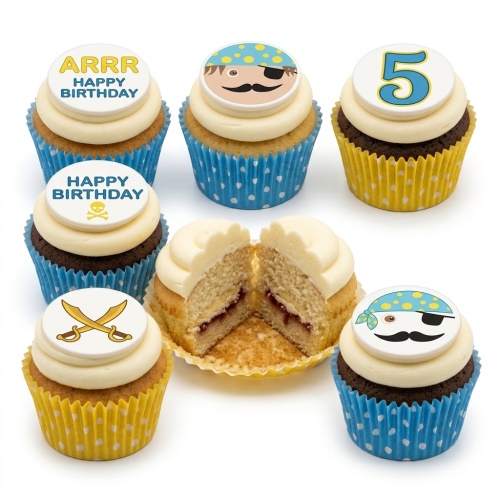 Pirate themed cupcakes with pirate faces, crossed swords, skull and crossbones, and a number 5 topper.