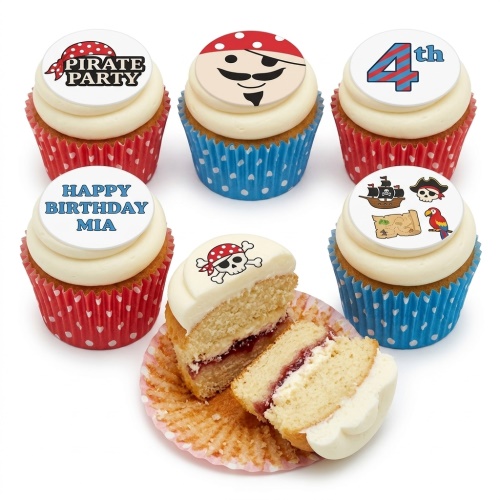 Pirate themed cupcakes with pirate skull, ship, and pirate face toppers, suitable for a custom age birthday.
