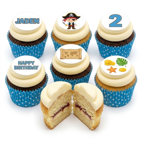 Pirate themed birthday cupcakes with pirate, treasure map, and gold coin toppers, with custom age and name examples.