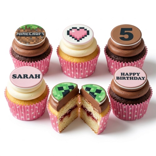 Minecraft themed birthday cupcakes with game logo, pixelated heart, and Creeper toppers.