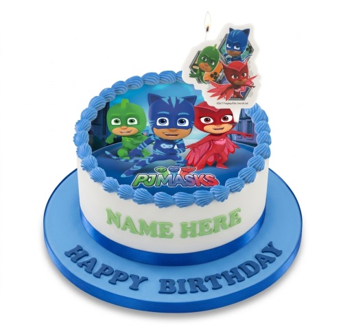 Round white PJ Masks birthday cake with Catboy, Owlette, Gekko, blue icing, and personalised name area.