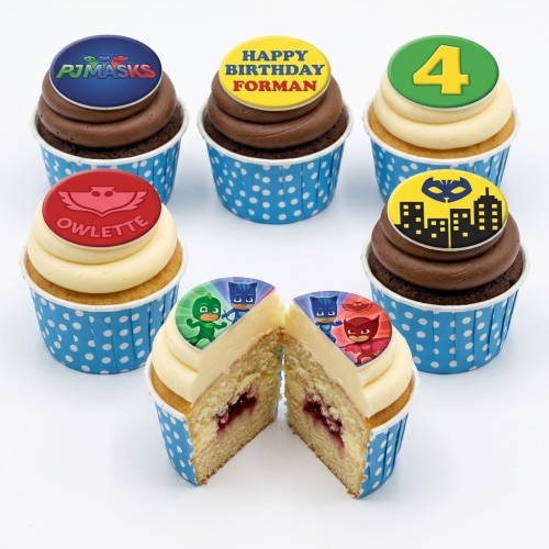 PJ Masks themed cupcakes with Catboy, Owlette, Gekko toppers and a custom age number