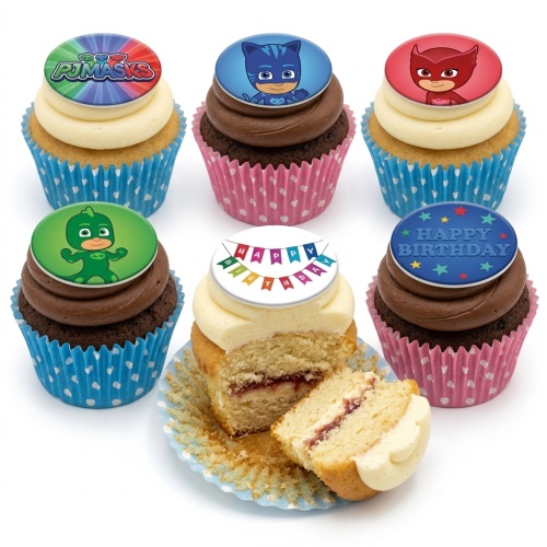 Set of PJ Masks themed birthday cupcakes with Catboy, Owlette, Gekko, and Happy Birthday toppers.
