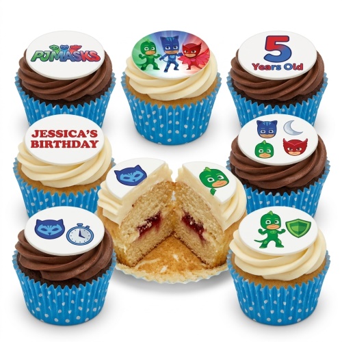 PJ Masks themed cupcakes with various character toppers, including a custom age and personalised name example.